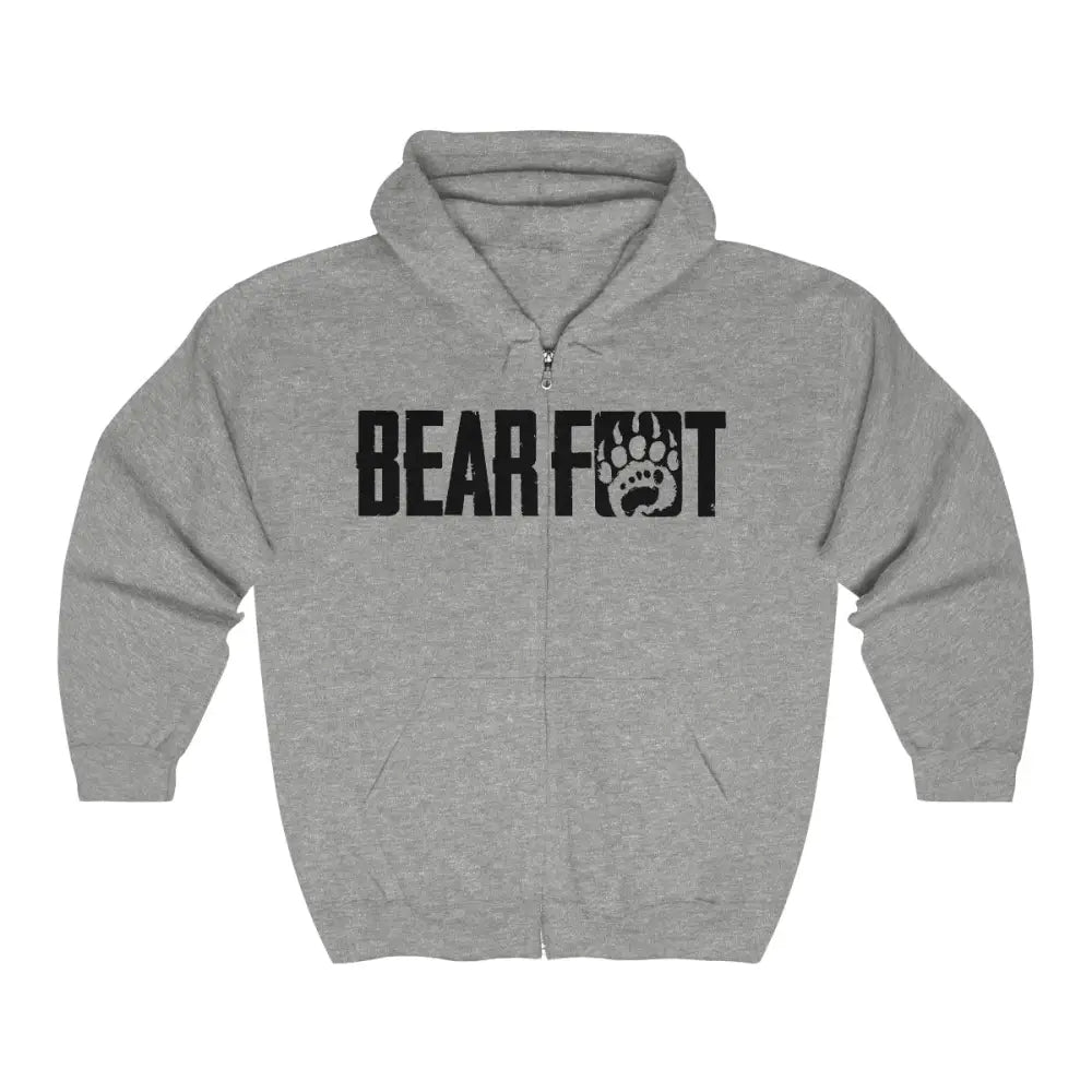 Heather gray Bearfoot full-zip hooded sweatshirt with paw print design